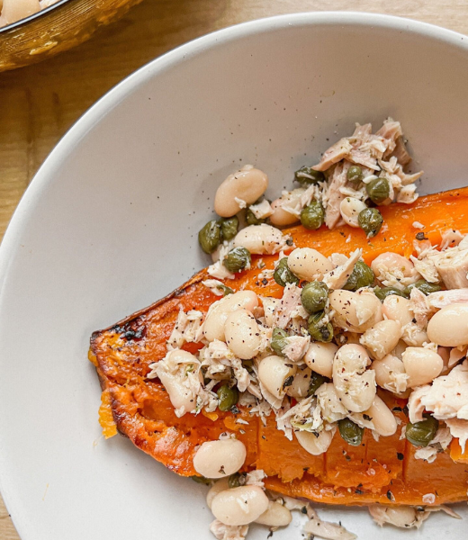 Sweet potatoes stuffed with tuna and butter beans