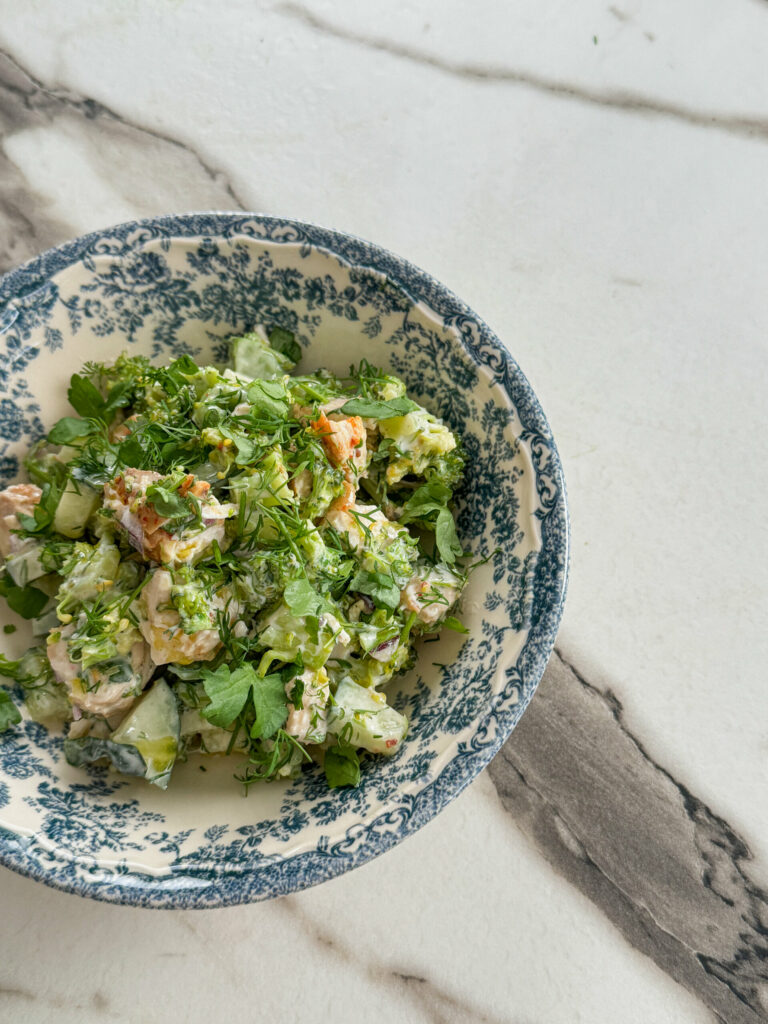 Chicken and broccoli salad with garlic feta dressing