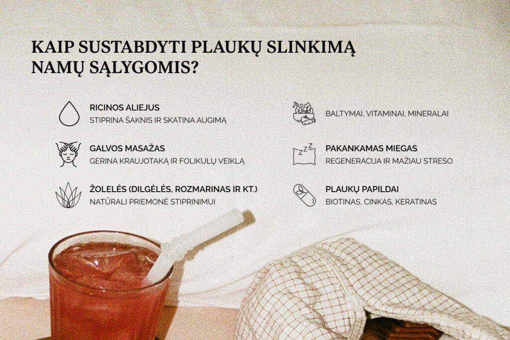 Kaip sustabdyti plaukų slinkimą namų sąlygomis: ricinos aliejus, galvos masažas, žolelės, mityba, miegas ir papildai