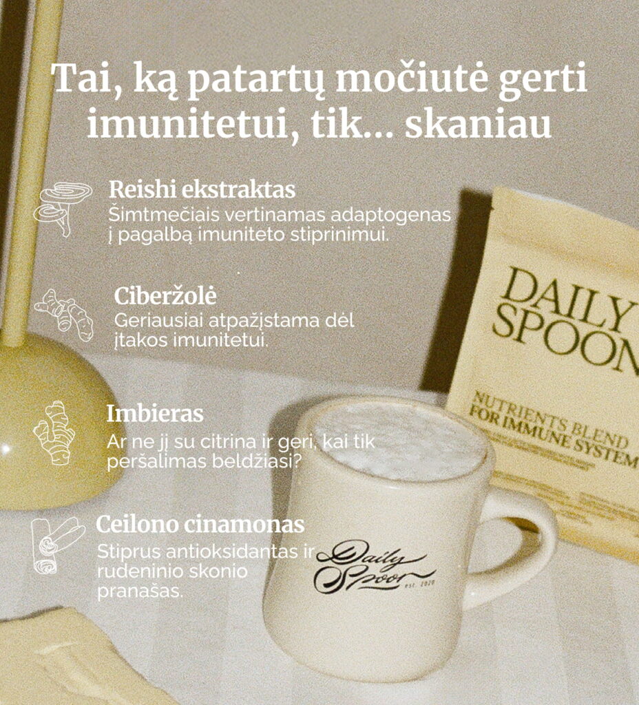 Priemonės imuniteto stiprinimui: reishi ekstraktas, ciberžolė, imbieras, ceilono cinamomas