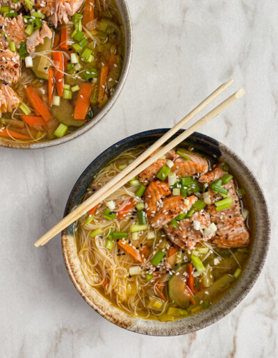 Miso soup with vegetables and salmon