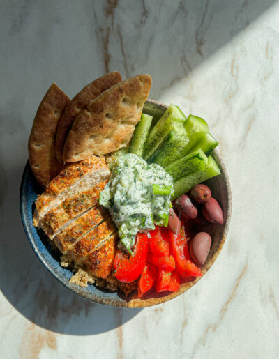 Greek-style bowl with chicken and tzatziki sauce