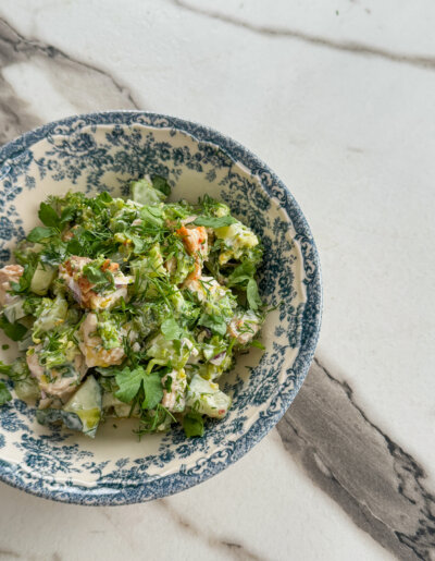 Chicken and broccoli salad with garlic feta dressing